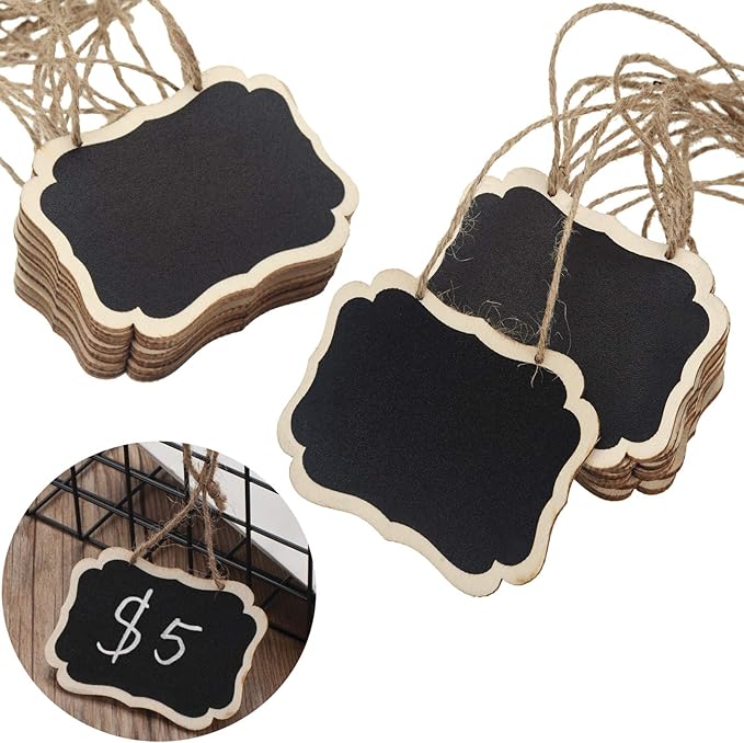 20 Pack Chalkboard Tags with Hanging String, Double Sided Blackboard Wooden Mini Chalkboard Signs, Erasable Message Board Signs for Wedding or Party Decorations, Food Tags