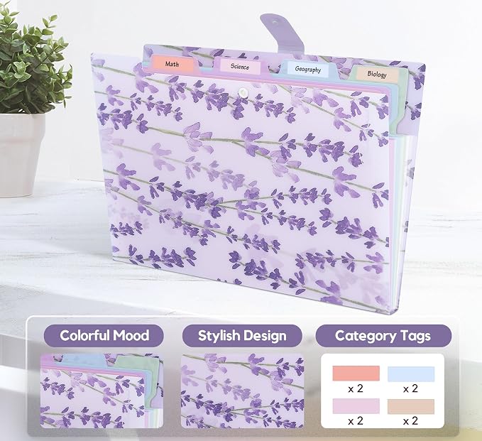 Forest Series Expanding File Folder Stylish Funky Cute Retro Document Organizer with Natural Scenes for Students,Teachers & Freelancers - Purple Lavender