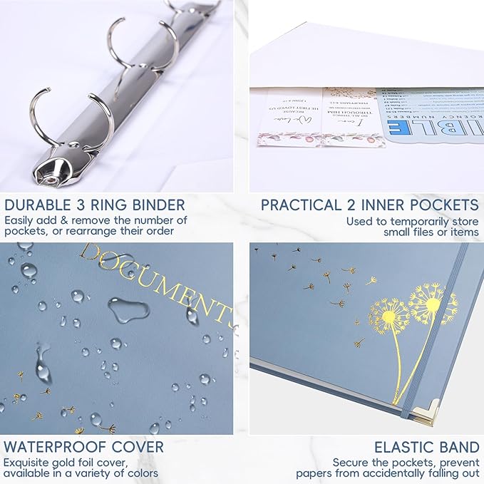 XKDOUS Important Document Organizer Emergency Binder Life Organizer Folio Folders with 9 Pockets Expanding File Storage Holder for Papers, Letters, Cards, Bills, Passports, Photos