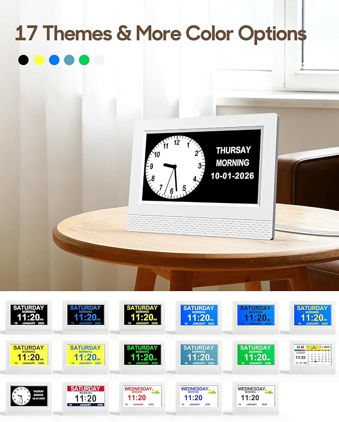 Clock with Day and Date for Elderly, 7" Display Digital Calendar Day Clock with 21 Custom Alarms and Medicine Reminders, 17 Display Modes, Dimmable Dementia Alzheimers Clocks for Seniors