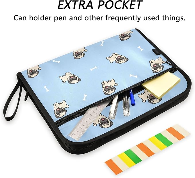Cute Pug Dogs Cartoon File Folders,Plastic Folders with 13 Pockets,Expandable File Folder for Documents School Students Office,Aesthetic Folder with Labels A4 Letter Size