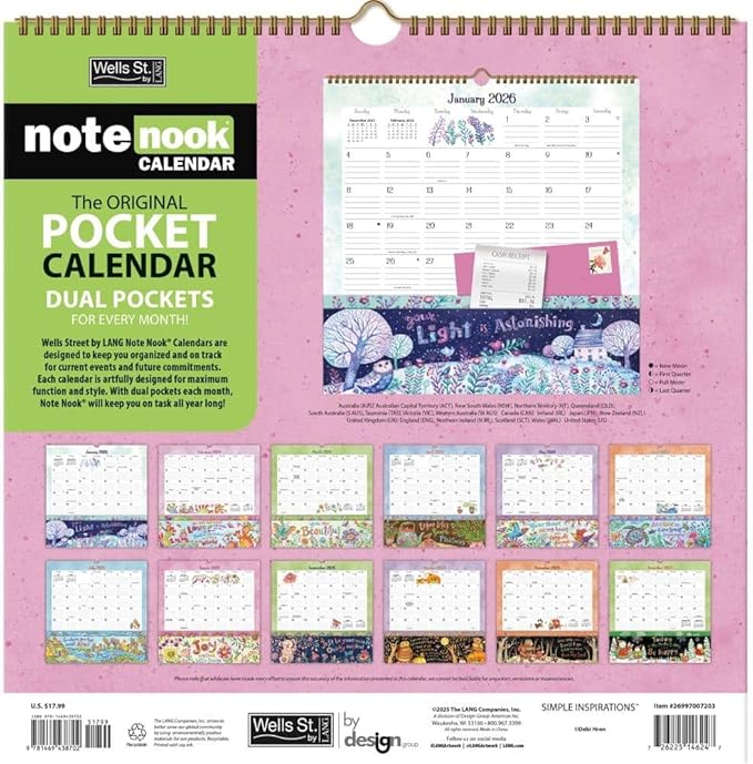 WSBL Simple Inspirations 2026 Note Nook Wall Calendar – 12-Month Organizer Calendar with Dual Storage Pockets, Uplifting Inspirational Art by Debi Hron, 12″ × 12.125″