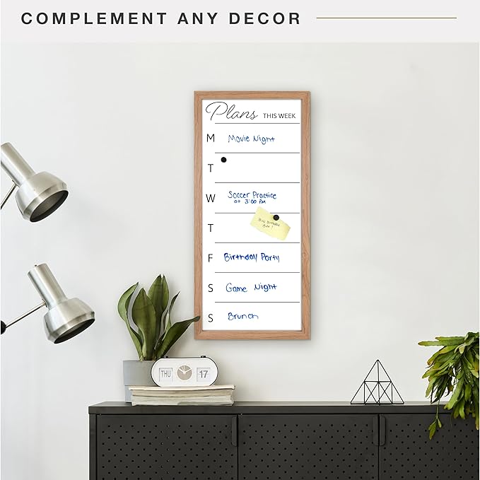 MCS Dry Erase Weekly Planner 14x30 Walnut Framed Calander Whiteboard for Wall, Plan Your Week with Family Weekly Planner for Dinners, Sports, Events & More