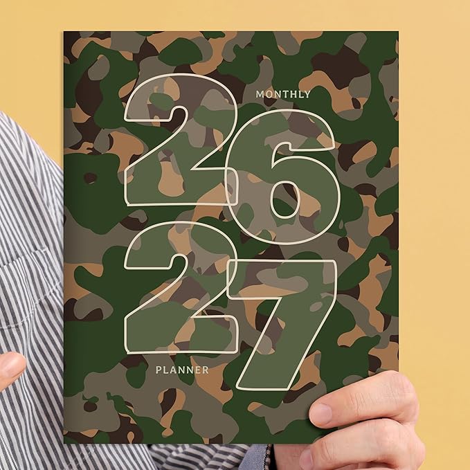 TF Publishing July 2026 - June 2027 Camo Medium Monthly Planner - 12 Month Academic Planner 2026-2027 with 2-Page Spreads, Monthly Calendar Grids and Planning Prompts - 6.5 in x 8 in