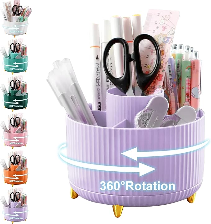 Cayxenful Pencil Holder For Desk,5 Slots 360°Degree Rotating Desk Organizers And Accessories,Desktop Storage Stationery Supplies Organizer, Cute Pencil Cup Pot For Office, School, Home (I-Purple)