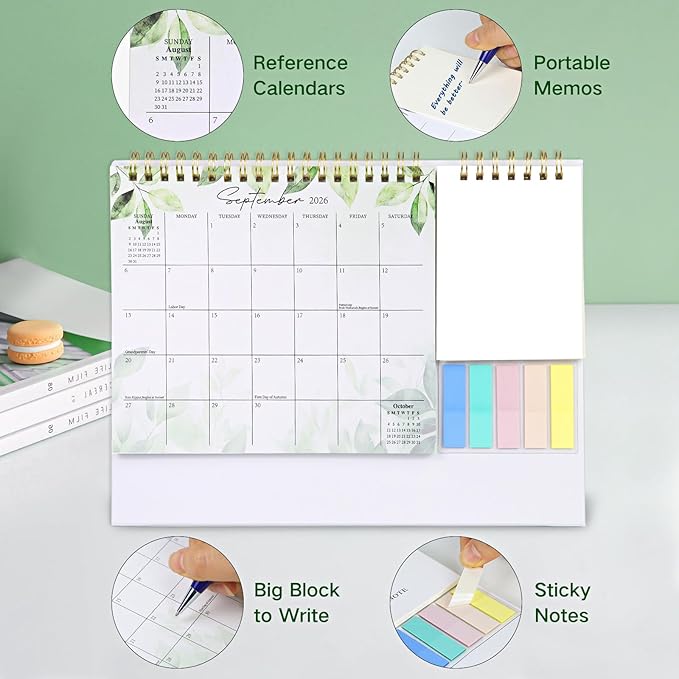 2026 Desk Calendar Small Standing Desktop Calendar (Jan-Dec. 2026) for Office Home Tabletop, 2026 Small Flip Calender with Writing Notepads and Sticky Notes, Green