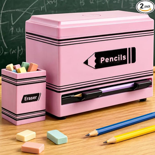Gueevin 2pcs Pencil Dispenser for Classroom, Fun Desk Organizer with Eraser Holder, Interactive Pencil Storage for Teachers, Students & Homeschool Desk Organizer, Back to School Supplies(Pink)