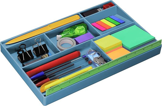 Acrimet Desk Drawer Organizer Tray with 8 Compartments – Multi-Purpose Bin for Office Supplies, Makeup, and Accessories – Fits inside Drawers or Desktops, 12.75" x 8" x 1.06" (Plastic) (Blue Color)