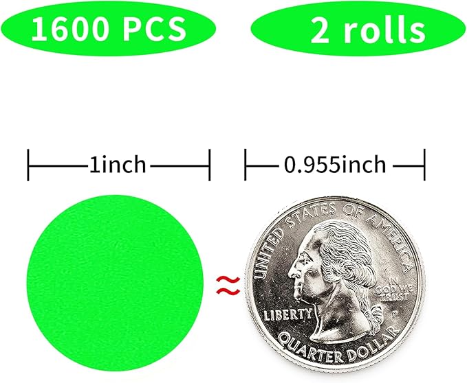 STARLIBOO Fluorescent Green Dot Stickers,1 inch Round Color Coding Circle Dot Labels, 1600pcs Permanent Adhesive Circle Garage Sale Sticker (2 Rolls)