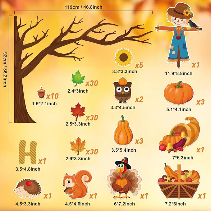 Fall Tree Bulletin Board Decorations for Classroom,Fall Autumn Thanksgiving Classroom Decorations with Big Tree Pumpkin Maple Leaf Turkey Scarecrow Cutout for School Home Chalkboard Wall Decor 136PCS