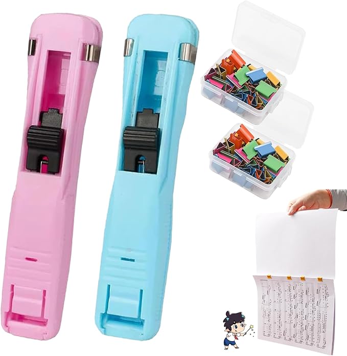 2pake Portable Binder Clip Stapler, Includes 100 Reusable Clips, Handheld Paper Clam Clip Dispenser for Home, School, Desk Office (Mix1)