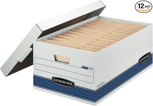 Bankers Box 12-Pack Medium Duty File Storage Boxes with Lids, FastFold Assembly, 24 Inch Legal, STOR, (00702)