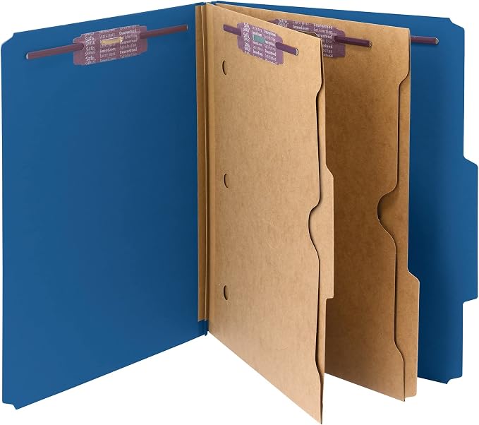 Smead Pressboard Classification File Folder with SafeSHIELD Fasteners, 2 Pocket Dividers, 2" Expansion, Letter Size, Dark Blue, 10 per Box (14077)