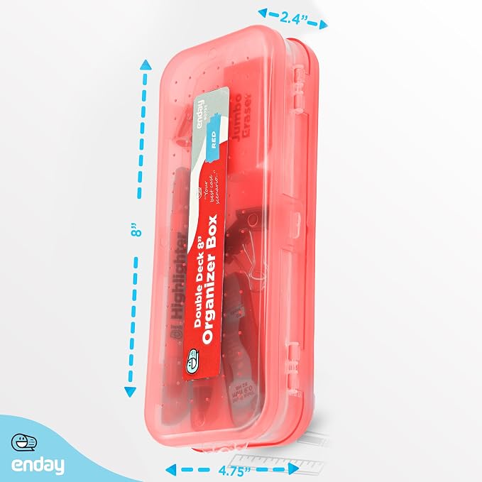 Enday Pencil Box Red, Plastic Double Deck Pencil Case with 7 Compartments, Box Organizer with Snap Closure for Home and Office