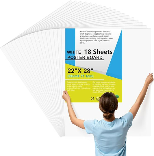 18 Pcs Poster Board 22" x 28" White Poster Paper Bulk, ROOKEA 250 GSM Vision Board for School Arts Craft Projects Presentations Drawing Scrapbooking Blank Graphic Display Office Supplies