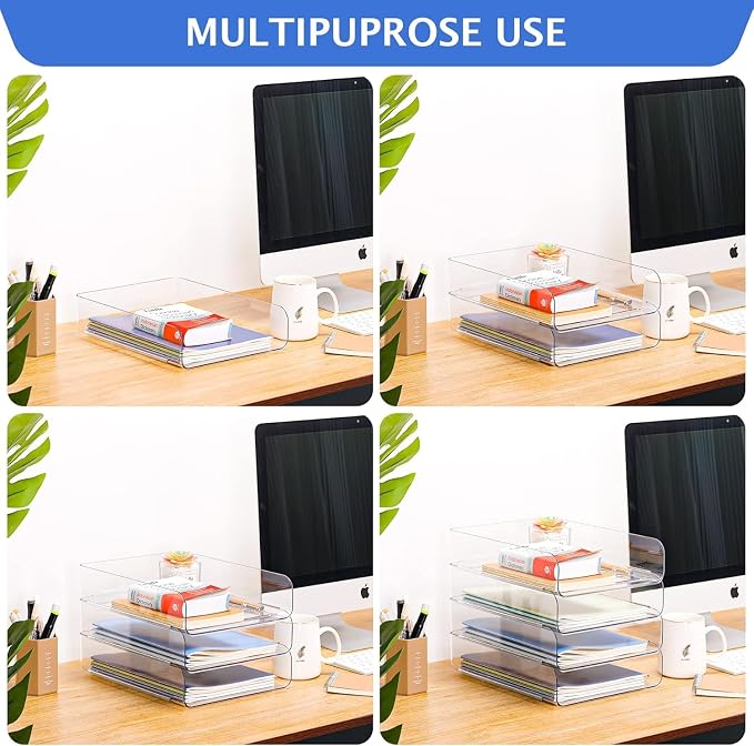 LALOBLUE Stackable Letter Tray Desk Organizer, Set of 4 Clear PET Paper & File Organizers, Document Storage for Office Supplies