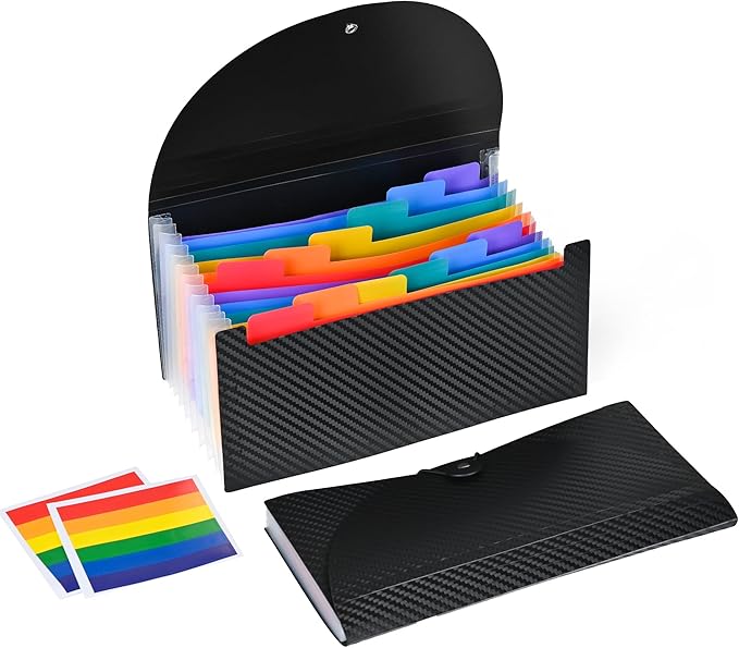 Cesil 2PCS Accordion File Organizer, 13 Pocket Expanding File Folder, 10.2"x5.1" Small Receipt Organizer for Business, Coupon Document Holder, Portable Folder Organizer for Home Office School, Black