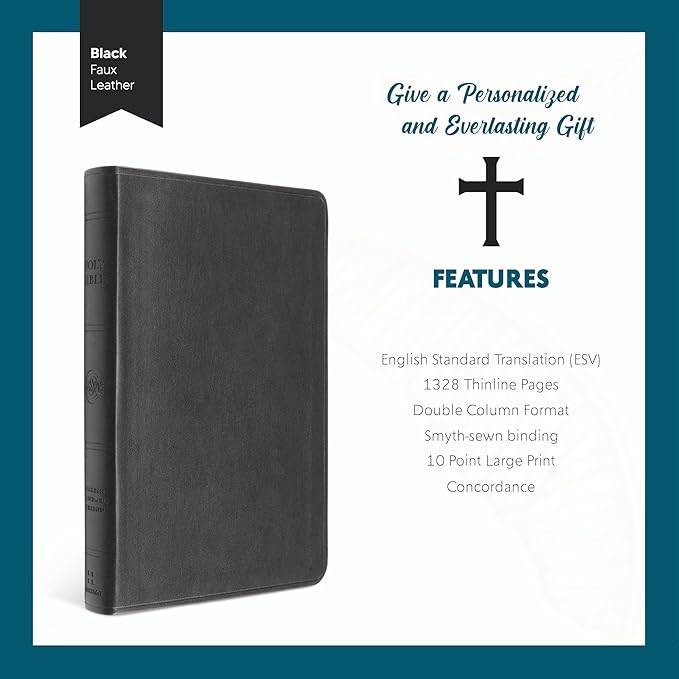 Personalized ESV Thinline Bible Large Print English Standard Version Faux Leather Holy Bible ESV with Custom Name, Date and Text | Custom Gift for Christian & Religious Celebrations | Black