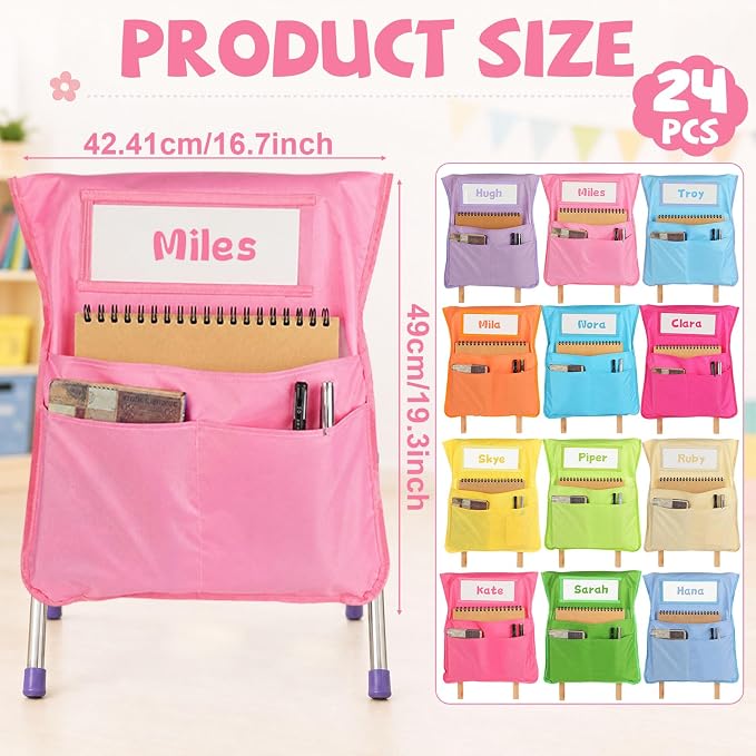 24pcs for Classroom 16.3x19.7inch Classroom Chair Pockets with Name Tag 3 Pockets Chair Organizer for Teacher Student School Office(Pastel)