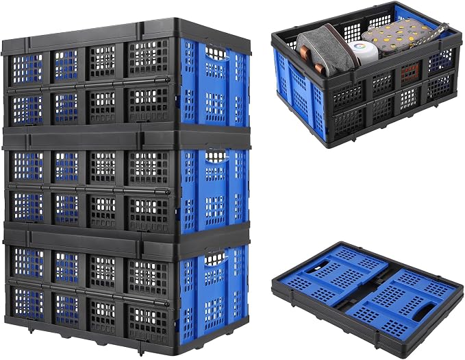 Heavy Duty Collapsible Storage Crate 55L – Stackable Collapsible Plastic Organizer Bin with Side Handles for Food, Books, Tools, Garage, Home Organization – Space-Saving Basket, Blue