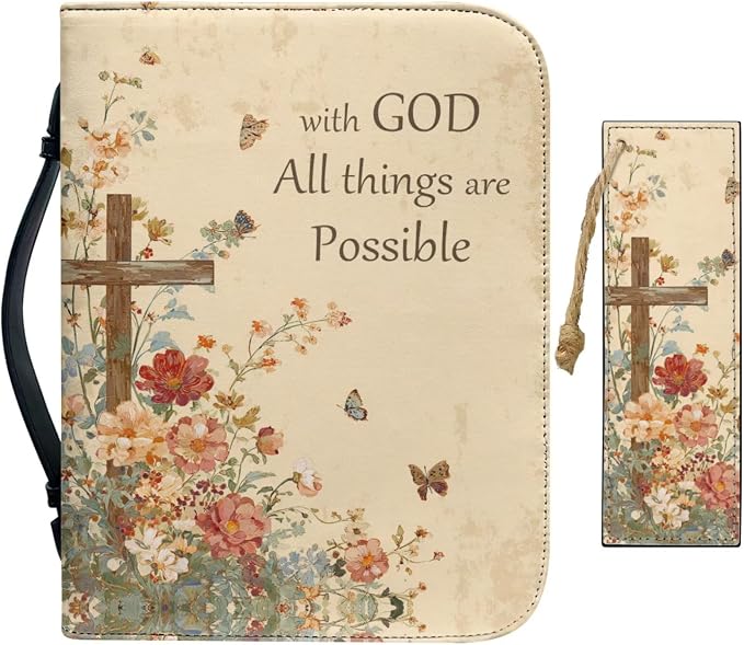 Vintage Style Floral and Cross Bible Case with Bookmark Waterproof Bible Cover Case for Women Lightweight Bible Bag with Handle Pockets Church Book Bag Beige