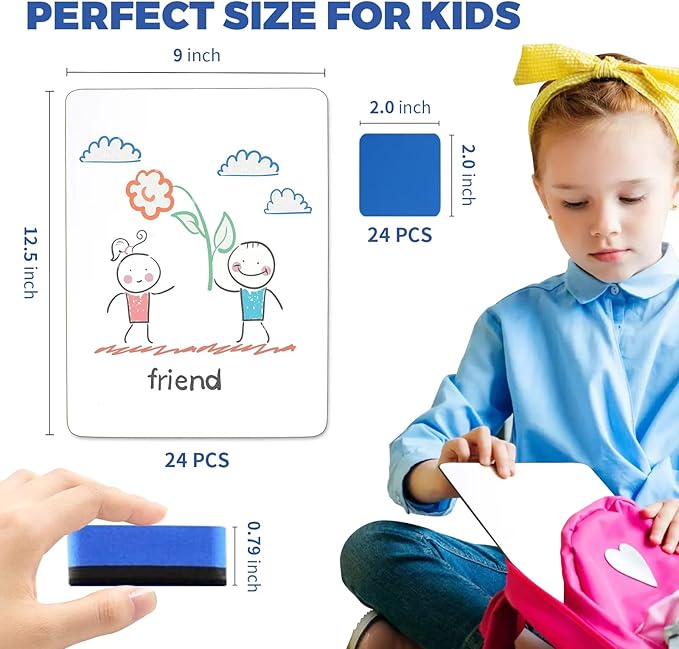24 Pack Dry Erase Board, 9"x12" Double-Sided White Board with 24 Erasers for Students, Portable & Reusable Small White Lapboards Bulk for Classroom/Homeschool/Teacher