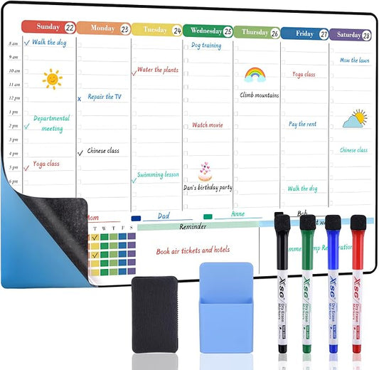 POPRUN Weekly Calendar Whiteboard Self Adhesive, 16.5" x 11" Dry Erase Calendar for Wall Fridge Smooth Surfaces, Perfect as Weekly Planner for Home Office School Family