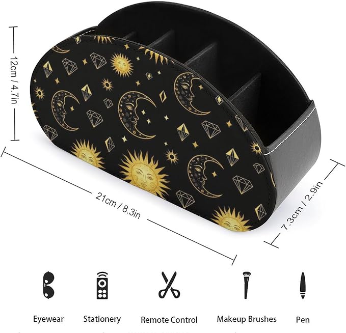 Sun Moon Star Gold Black Remote Control Holder with 5 Compartments, TV Remote Caddy Store Box Multi-functional Desktop Organizer Home&Office Accessories