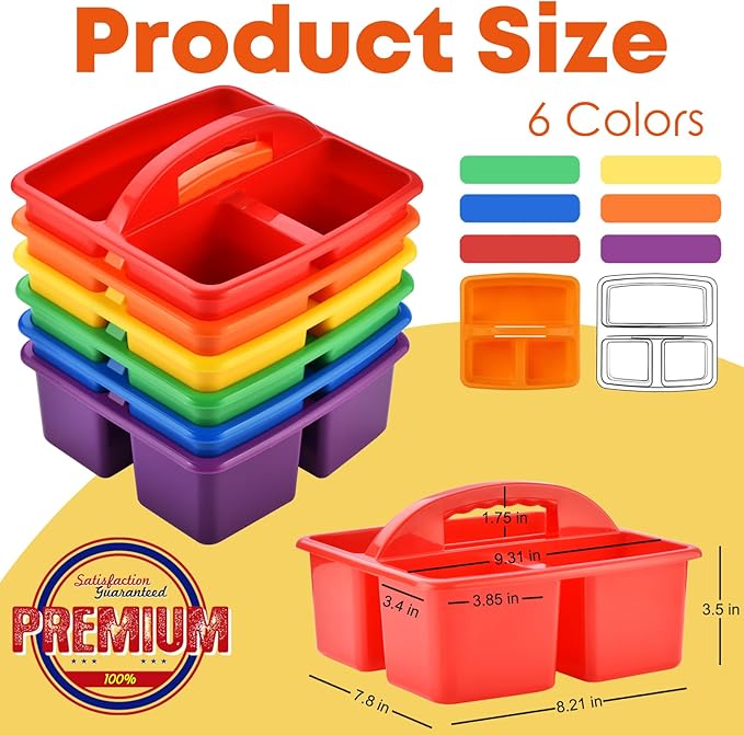 ALINK Plastic Classroom Caddy Organizer with Handle, 6-Pack 3 Compartments, Teacher Supply Storage Caddy for Classroom Organization, Table, Desk, Office, Craft Art for Kids - Assorted Colors