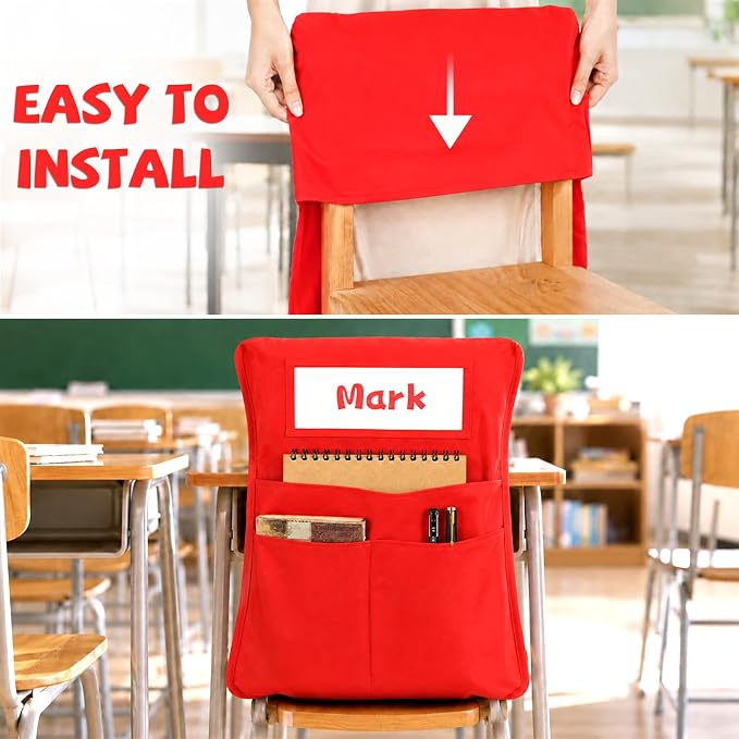 12pcs for Classroom 16.3x19.7inch Classroom Chair Pockets with Name Tag 3 Pockets Chair Organizer for Teacher Student School Office(Rainbow)