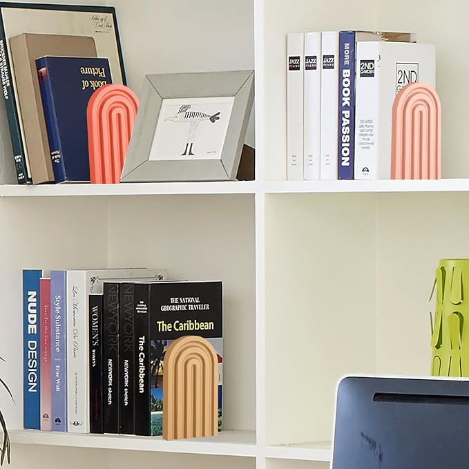 Harloon 4 Pcs Boho Arch Wooden Bookends, Decorative Rainbow Book Stoppers with Non-Slip Metal Base, 5x3x4 Inches, Cute Shelf Decor for Heavy Books, Home Office Study Desk Organizer(Cute Color)