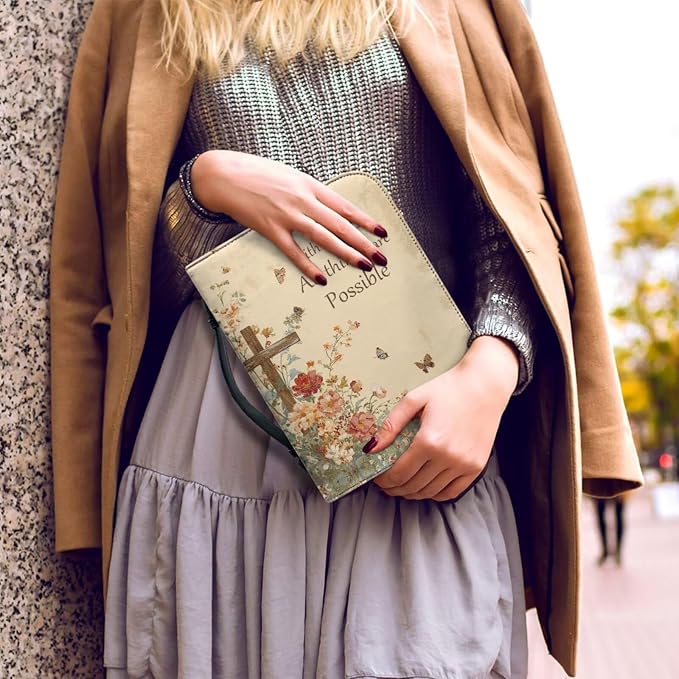 Vintage Style Floral and Cross Bible Case with Bookmark Waterproof Bible Cover Case for Women Lightweight Bible Bag with Handle Pockets Church Book Bag Beige