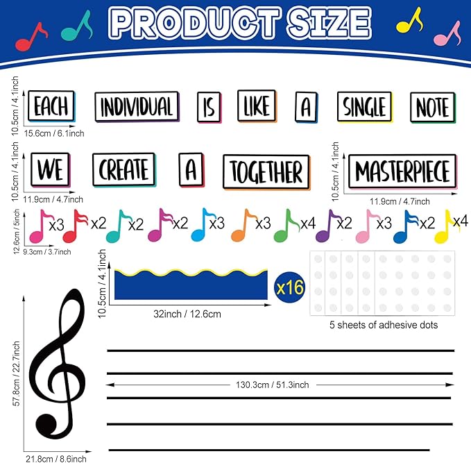 Music Themed Bulletin Board Set Musical Notes Classroom Bulletin Board Decorations Colorful Music Notes Cutouts for Kids School Classroom Chalkboard Wall Back to School Decor