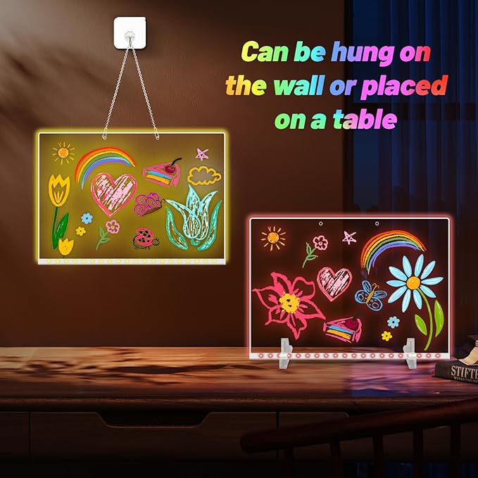 19 Highlighter,Led Note Board with Colors,11.8"X7.9",4 Modes & 7 Colors Lumiboard Led Drawing Board for Kids,Light Up Sign,Acrylic Dry Erase Board with Stand,Include Adapter,Hanging Chain,Spray Bottle