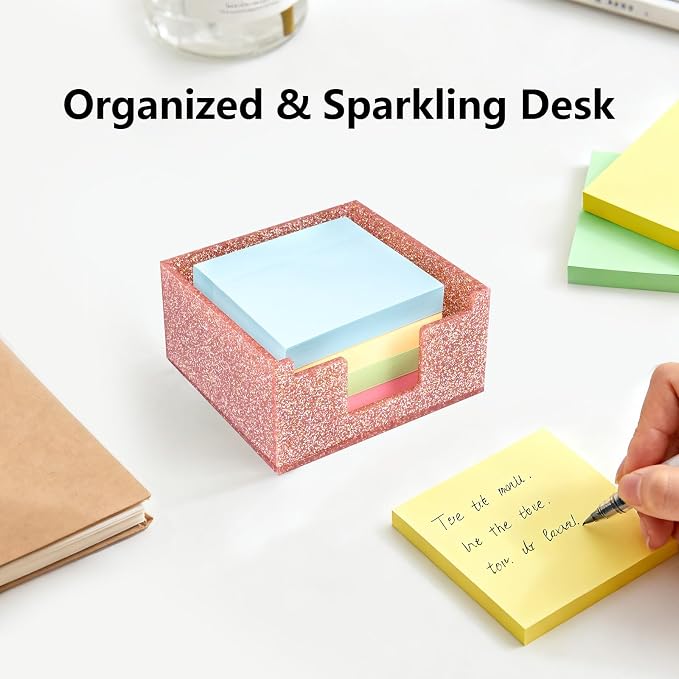 Light Pink Sparkling Sticky Note Holder, Glitter Acrylic Organizer, 3.94 x 3.94 in Multi-Use Tray for Office, School & Home Desk