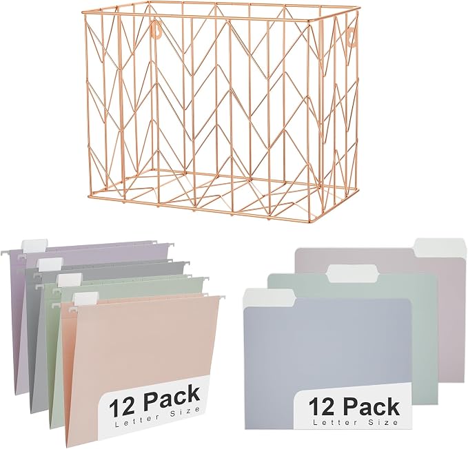 Y YOMA Hanging File Organizer, Letter Size Rose Gold Metal Desk File Crate Storage Basket for Home Office, 1 Pack, with Morandi Folder Combo