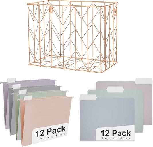 Y YOMA Hanging File Organizer, Letter Size Rose Gold Metal Desk File Crate Storage Basket for Home Office, 1 Pack, with Morandi Folder Combo
