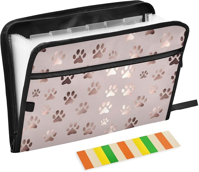 ALAZA Rose Gold Dog Paw 13 Pocket Expanding File Folder with Labels, Accordion File Folder File Organizer Letter A4 Paper for Office School Student