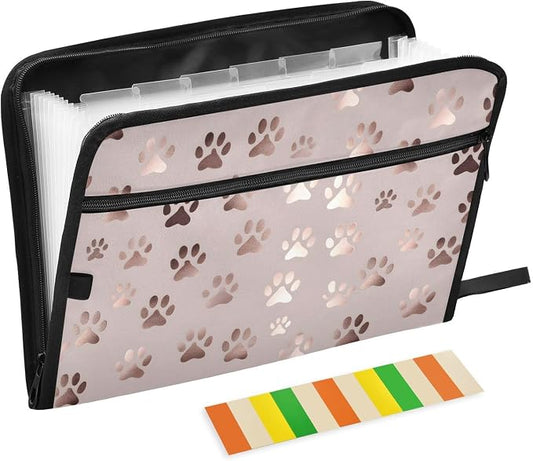 ALAZA Rose Gold Dog Paw 13 Pocket Expanding File Folder with Labels, Accordion File Folder File Organizer Letter A4 Paper for Office School Student