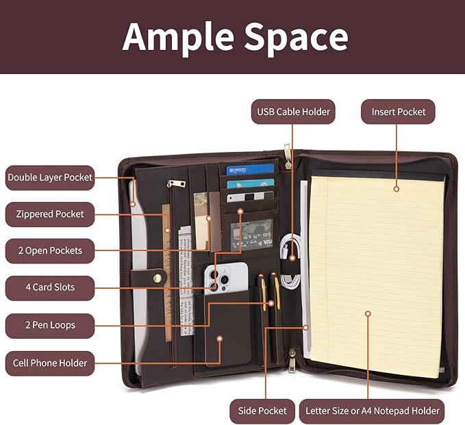 Genuine Leather Portfolio for Women and Men, 8.5 x 11 Legal Pad Padfolio, Zippered Notebook Organizer for 13” Laptop, Business Executive Professional Folio for Work, Dark Khaki