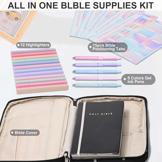 Large Bible Cover Case for Women, Journal Study Supplies Kit Bible Bags for Women, Quilted Carrying Book Covers Church Bag for Mens Included Bible Accessories-Black