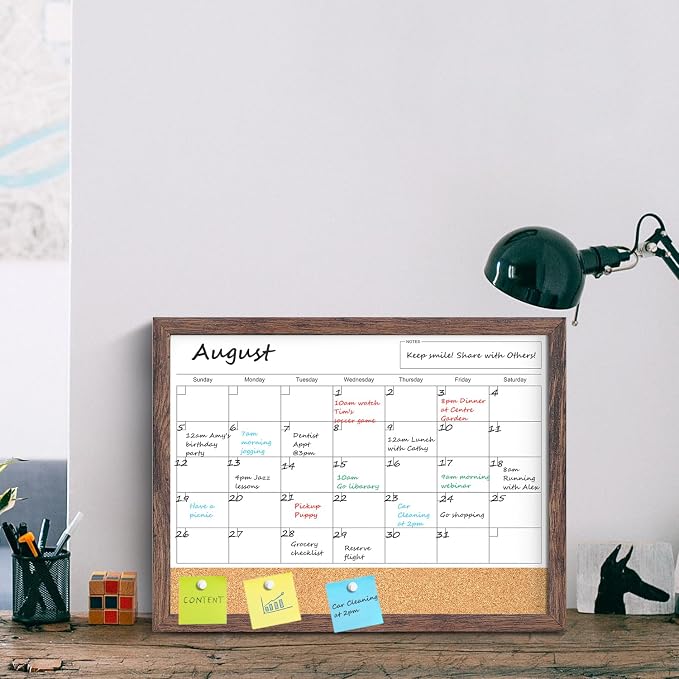 Calendar Whiteboard for Wall, 17x13 Inches White Board Calendar Dry Erase, Small Magnetic White Board with Wood Frame, Hanging Dry Erase Board for Kitchen Home Office School Planner
