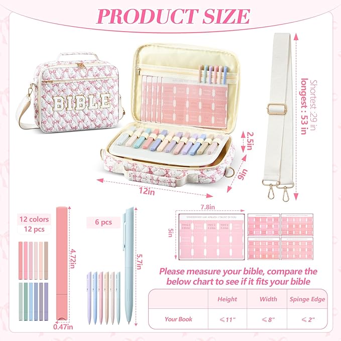 Sinload Quilted Bible Cover Case for Women 12 x 9 x 2.5 Inch Bible Chenille Letter Bag with Shoulder Strap Carrying Tabs 6 Colored Pens 12 Highlighters Christian Church Study Gifts(Dark Pink,Bow)