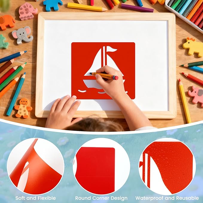 36 PCS Drawing Stencils, 5.6 x 6 Inch Chalk Drawing Stencils, Large Washable Vehicles Jungle Animals Themed Primary Shape Template for Learning Painting DIY Craft