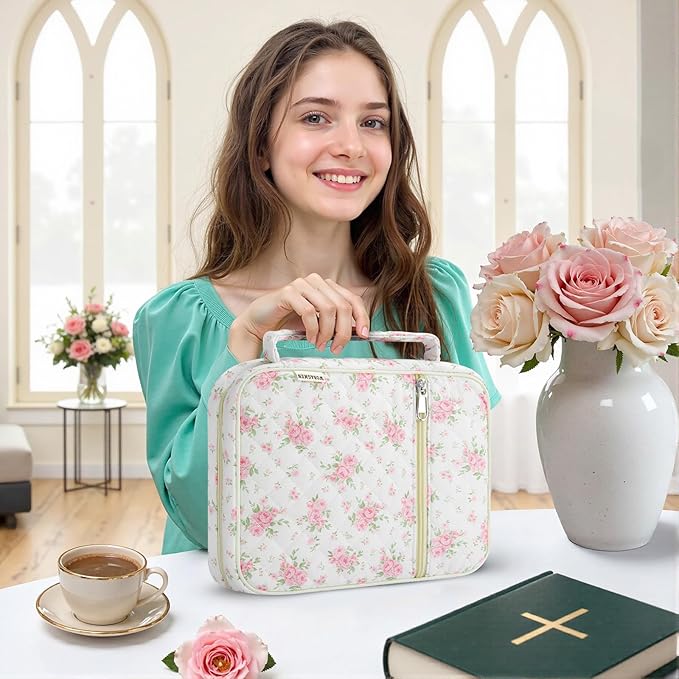 WOBAGMEN Bible Cover Case for Women,Large Bible Tote Bags Organizer Quilted Carrying Case for Girls,Bible Study Supplies Accessories Christian Gifts for Women (Big Pink Floral, M)