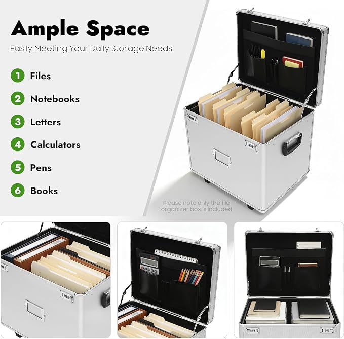 Locking Storage Box, Aluminum Alloy Rolling File Case with Lock, Portable Mobile Luggage Compartment with Wheels & Handle, Secure Confidential Items Organizer for Home Office, 19.2 * 15 * 16in Silver
