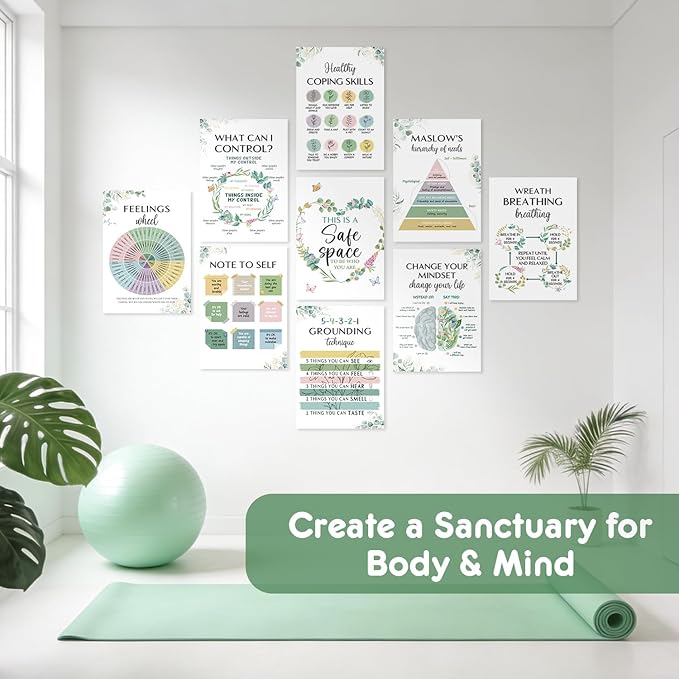 12 Pcs Mental Health Growth Mindset Change Posters Set (11x17") - Safe Space Feelings Wheel Coping Skill Poster for Therapy Counseling Office School Home Wall Decor Counselor Therapist Gifts