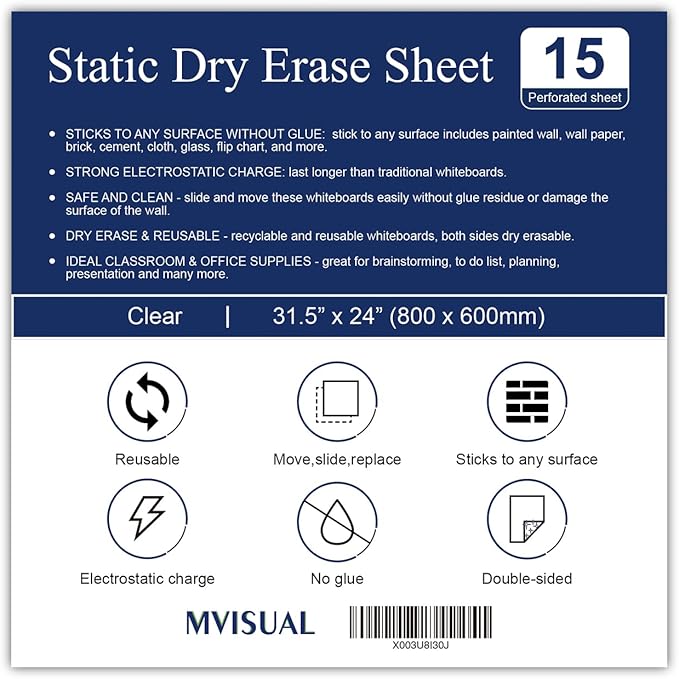 15 Pack Static Dry Erase Sheets, Transparent Dry Erase Wallpaper Whiteboard Sticker Wall 31.5 x 24 Inch