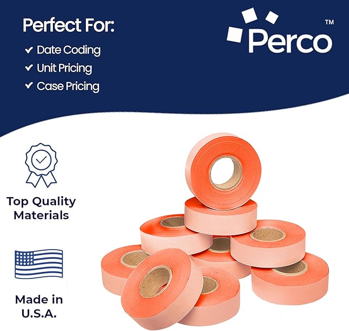 Perco 2212 Fluorescent Red Pricing Labels for Garvey Contact 22-6/22-7/22-8 Price Gun - 36 Rolls, 44,000 Pricemarking Labels - with Bonus Ink Roll