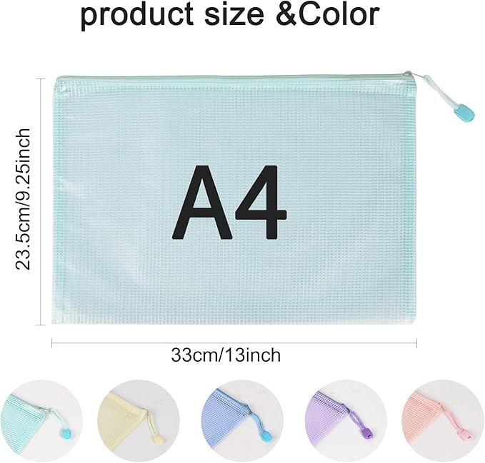 10 Pcs A4 Clear Zipper Pouch Bags - 5 Colors Plastic Mesh Storage Organizers for School Supplies, Office Travel Accessories & Classroom Organization (A4)